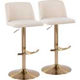 Toriano Adjustable Swivel Bar Stool in Cream Noise Fabric & Gold (Set of 2)